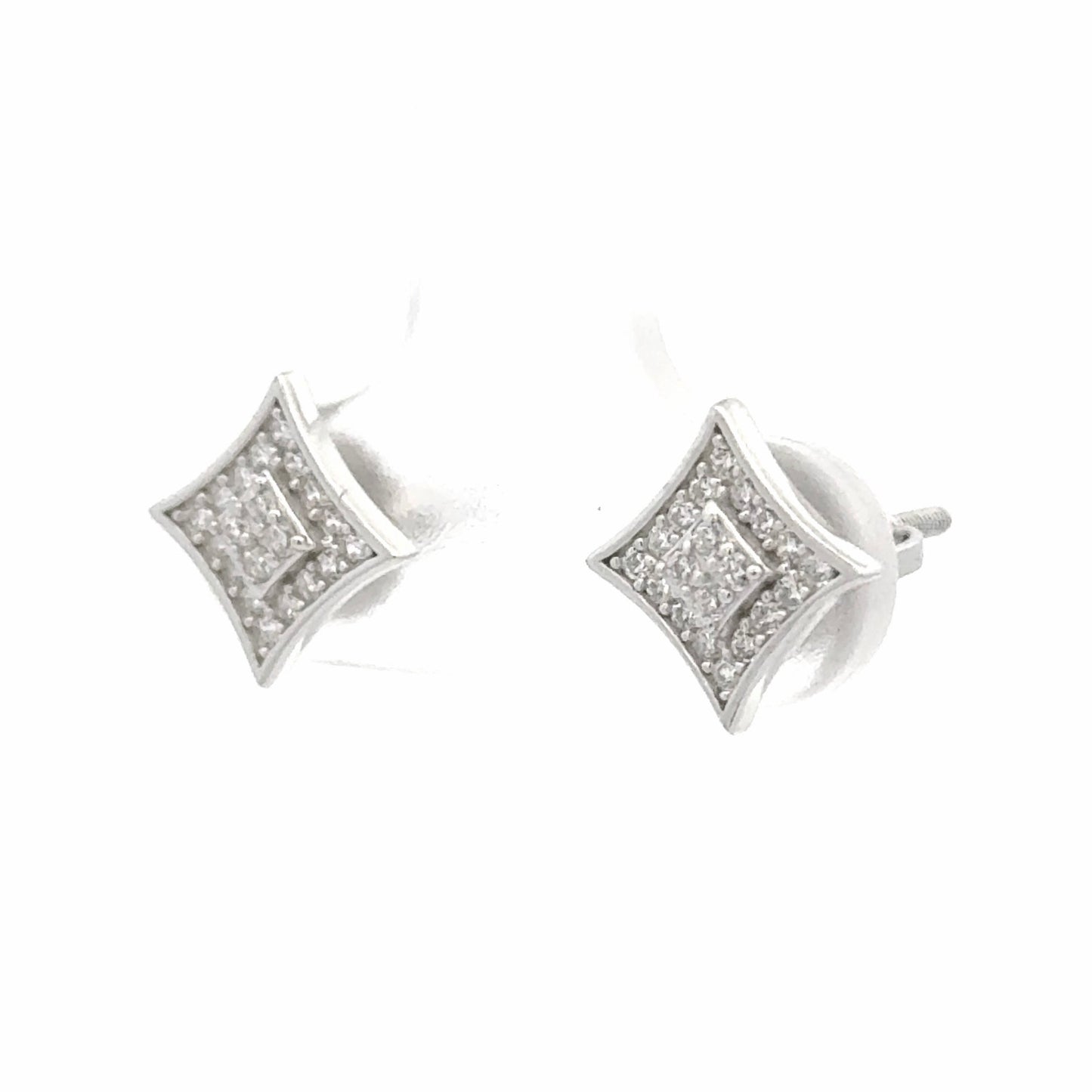 Silver screw-back studs with two layers of zirconia outlined by a solid border to create the look of a sparkle or a square. Side close up.