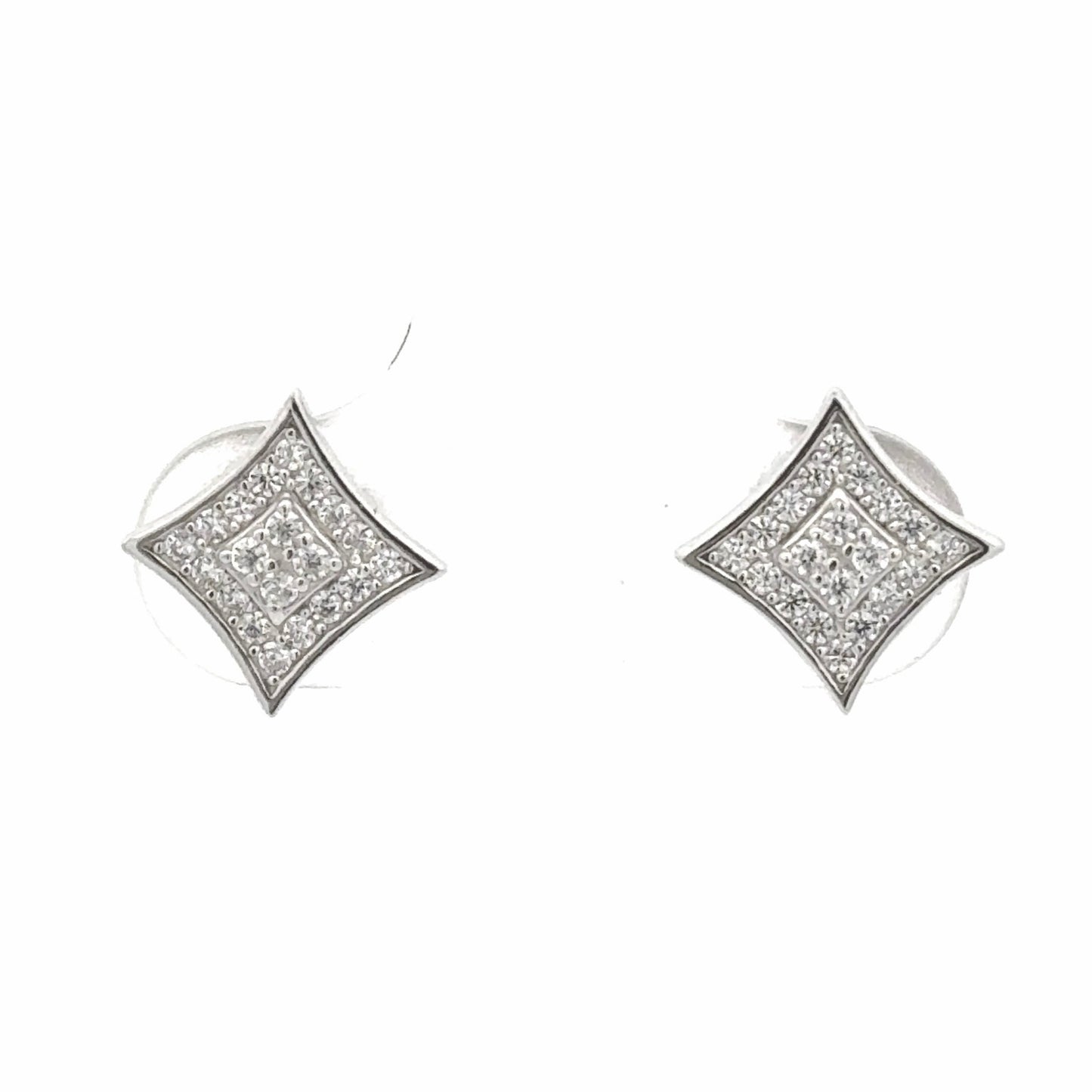 Silver screw-back studs with two layers of zirconia outlined by a solid border to create the look of a sparkle or a square. Close up.