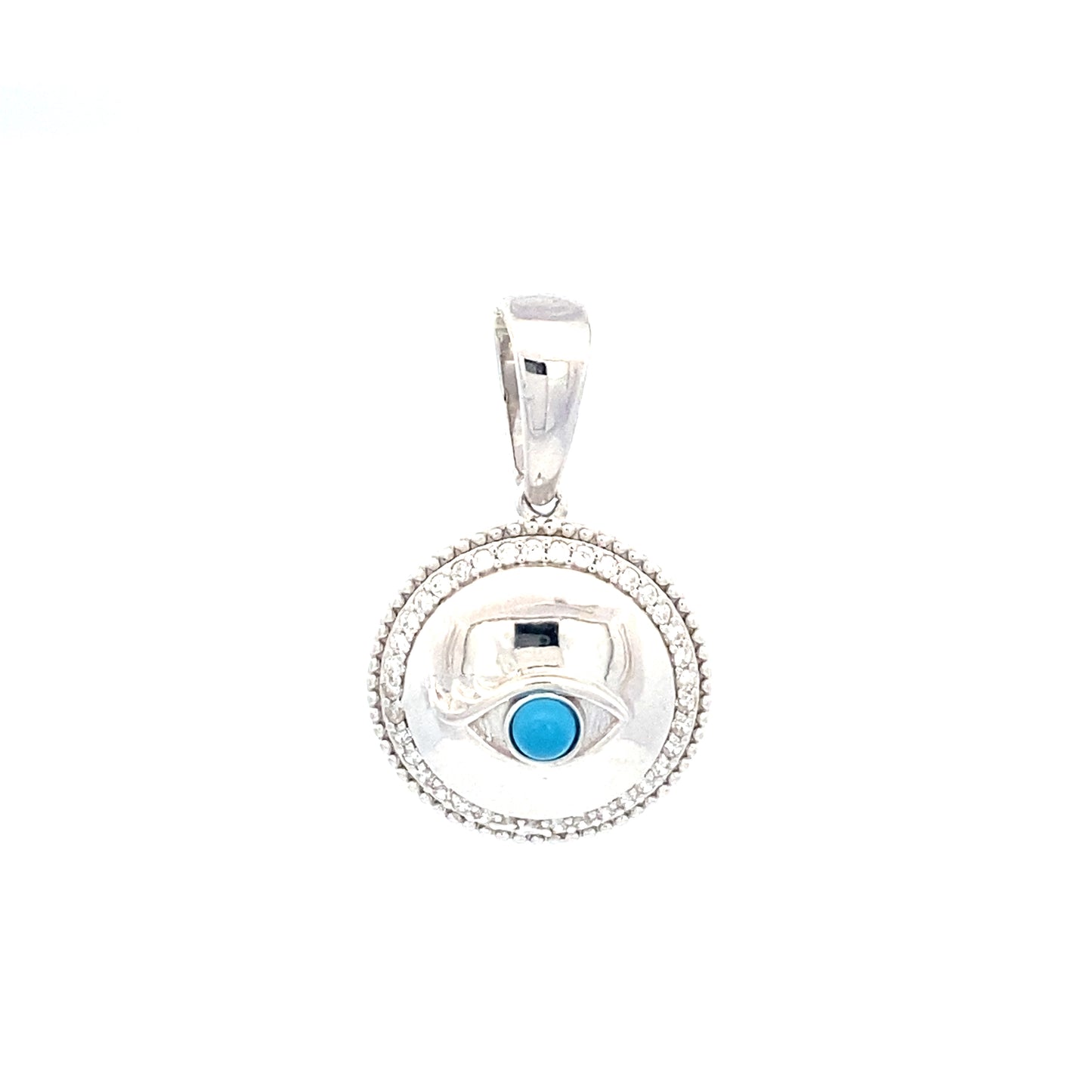 Round Evil Eye Pendant with Zirconia. Front view.