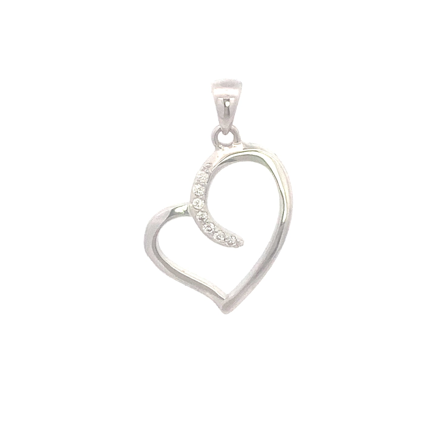 Front view of sterling silver Heart pendant in cursive style with zirconia accents