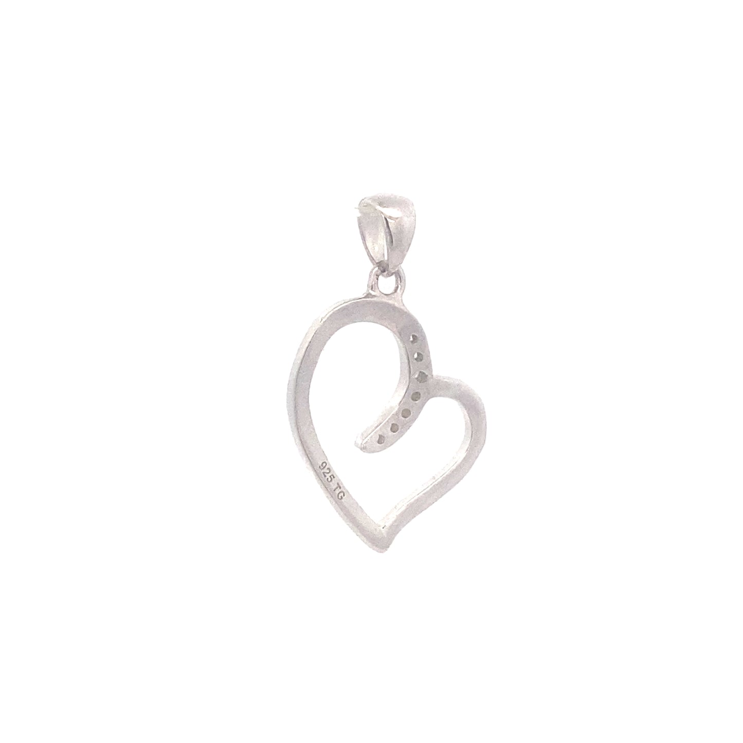 back view of sterling silver Heart pendant in cursive style with zirconia accents