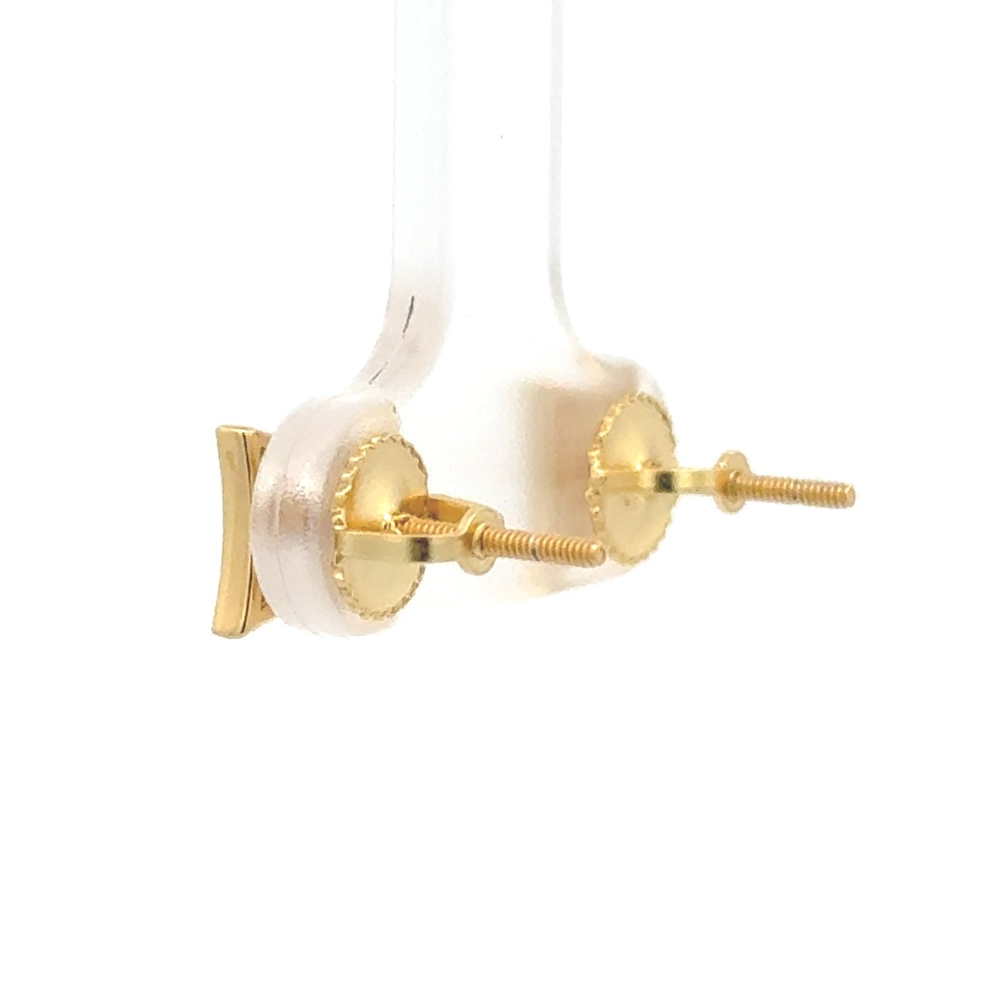 Gold screw-back studs with two layers of zirconia outlined by a solid border to create the look of a sparkle or a square. Back view.