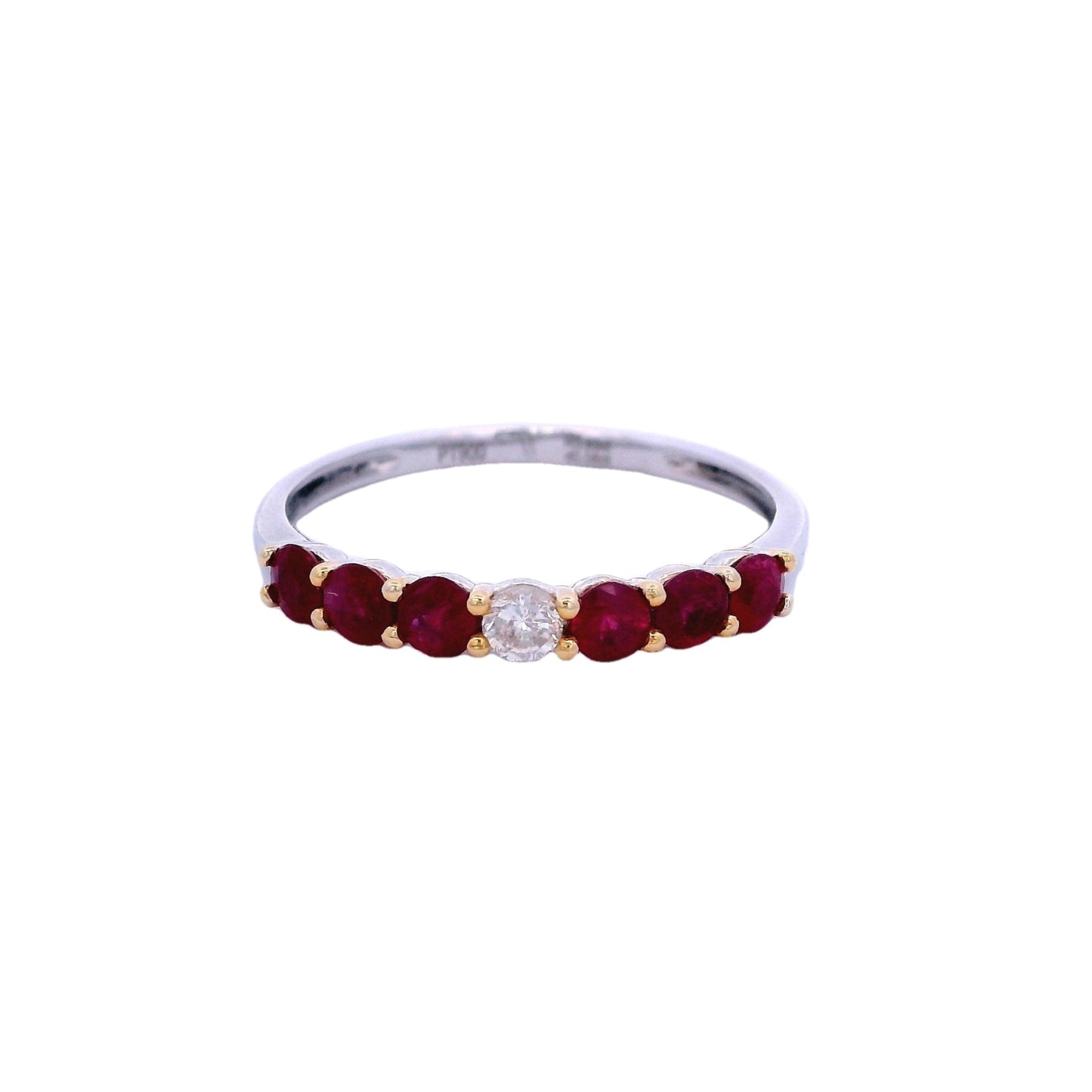 Front view of white gold ring. The band is smooth. In the center of the ring there is one round white diamond. On each side of the diamond there are 3 round dark pink rubies. The rubies and the diamonds are held together by yellow gold prongs.