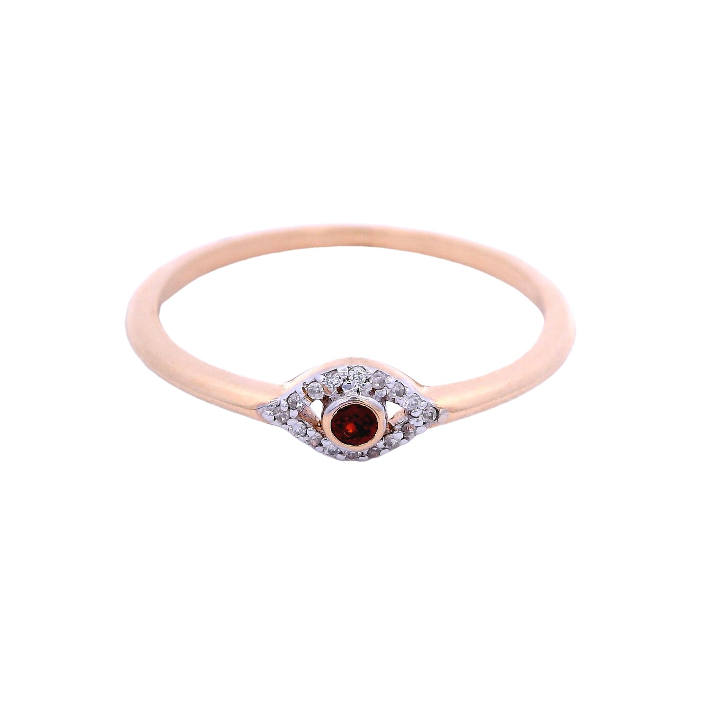 Front view of yellow gold ring. The ring has a smooth band. In the center there is an eye shape. The outline of the eye has small white diamonds. The center of the eye has a dark almost wine color ruby with a thin yellow gold outline.