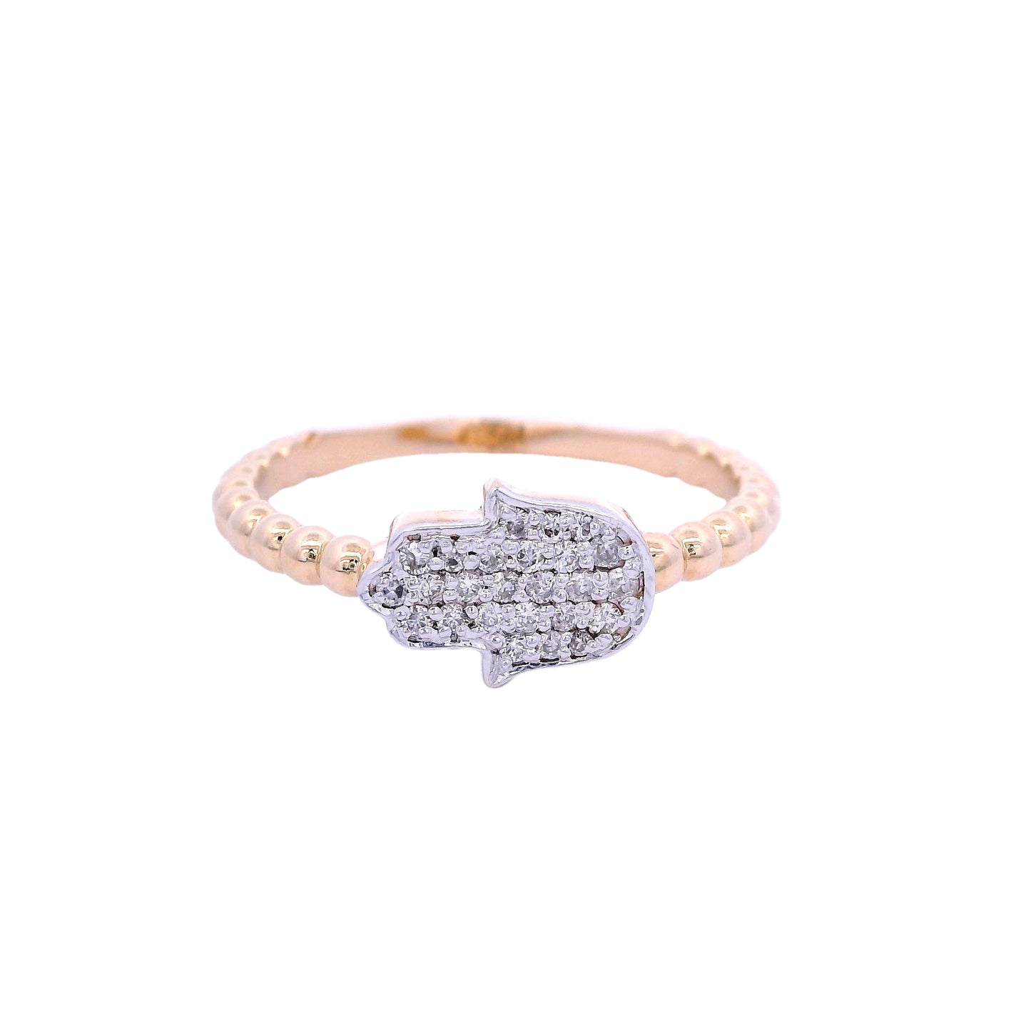 Front view of yellow gold ring. The band of the ring has a circular design. In the center of the ring there is a horizontal white old hamsa hand. The hand is filled with small round white diamonds.