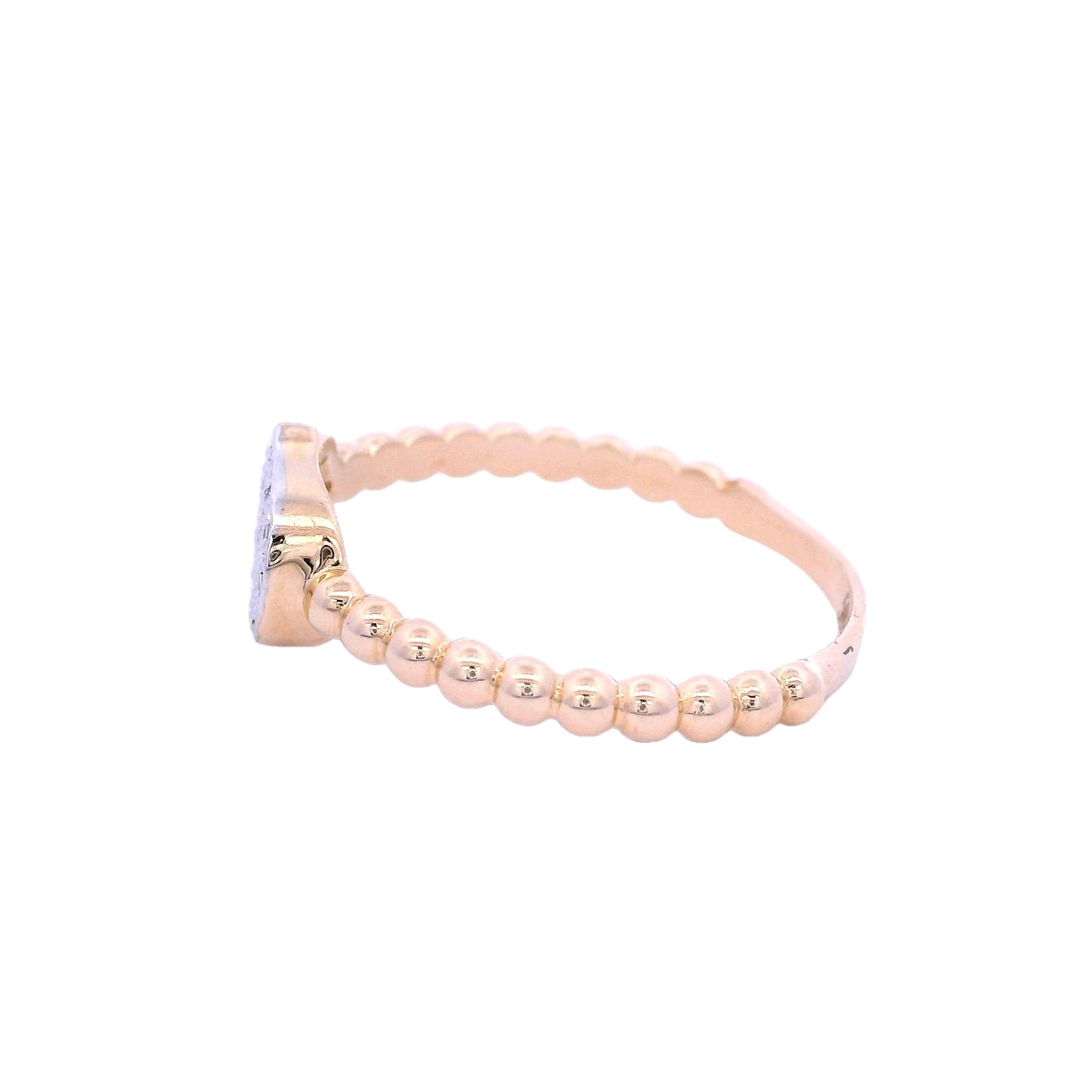 Side view of yellow gold ring. The band of the ring has a circular design. In the center of the ring there is a horizontal white old hamsa hand. The hand is filled with small round white diamonds.