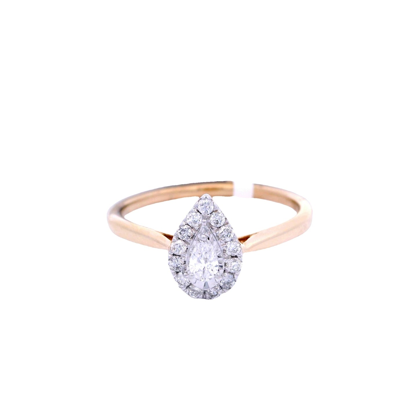 Front view of engagement ring with pear-shaped front. It has a small white diamond and a halo with round white diamonds.