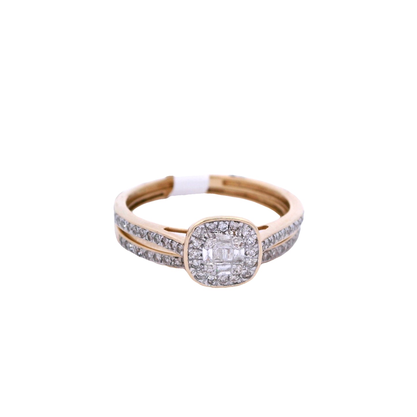 Front view of yellow gold bridal set. The engagement ring has a cushion center made up of small square diamonds. It has a halo around it made up of round diamonds, and is outlined in yellow gold. The band of the ring has round diamonds that go about halfway through each side of the band. It is on top of the wedding bands. The wedding band is under it. It is a yellow gold thin band with round white diamonds.