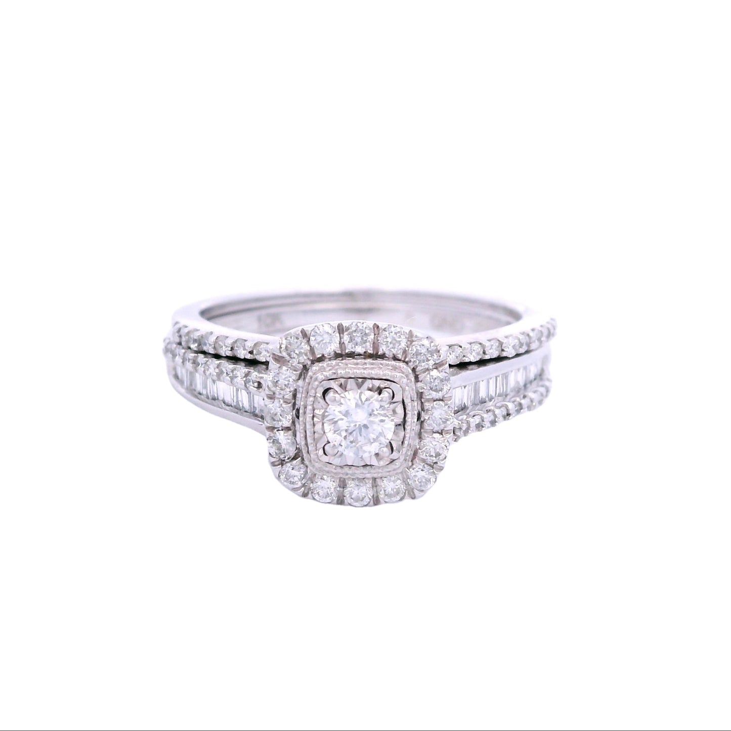 Front view of white gold bridal set. The engagement ring has a round diamond in the center with a rectangular halo that is lined with round pave diamonds. The ring also has a band with a row of round pave diamonds and a row of baguette diamonds. There is a thin wedding band with round pave diamonds on top of the engagement ring.