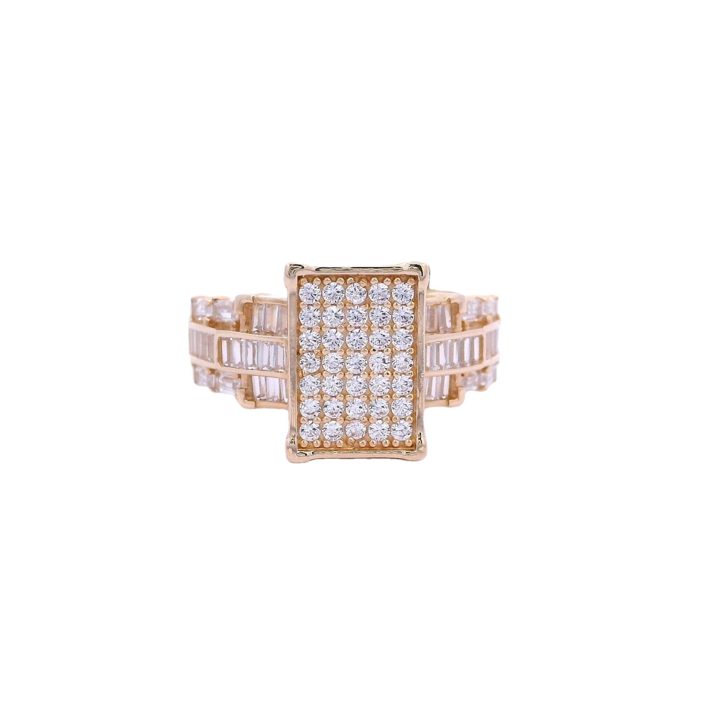 Front view of yellow gold ring. The front of the ring has a rectangle shape with white round zirconia inside it. The band of the ring has 3 rows of white baguette zirconia.