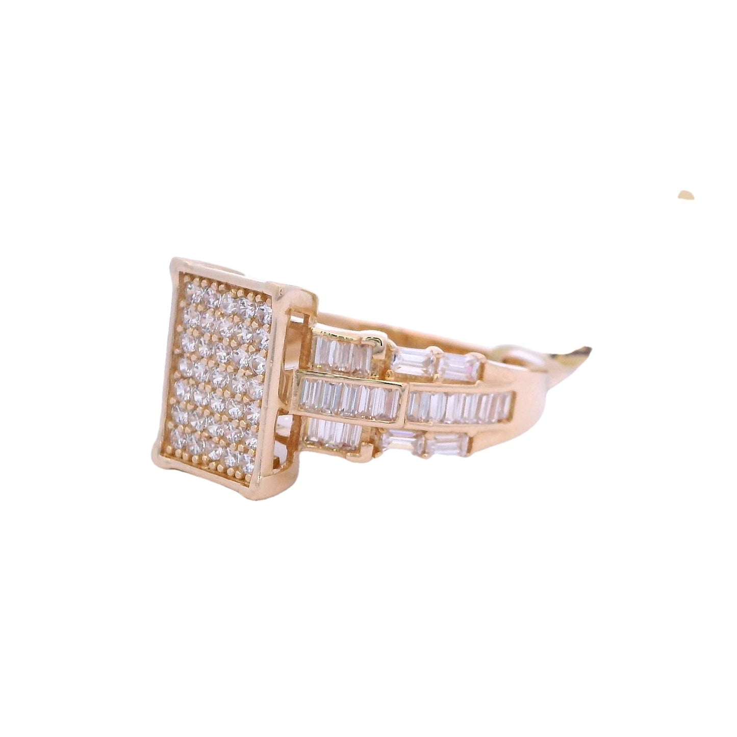 Side view of yellow gold ring. The front of the ring has a rectangle shape with white round zirconia inside it. The side of the band of the ring has 3 rows of white baguette zirconia.