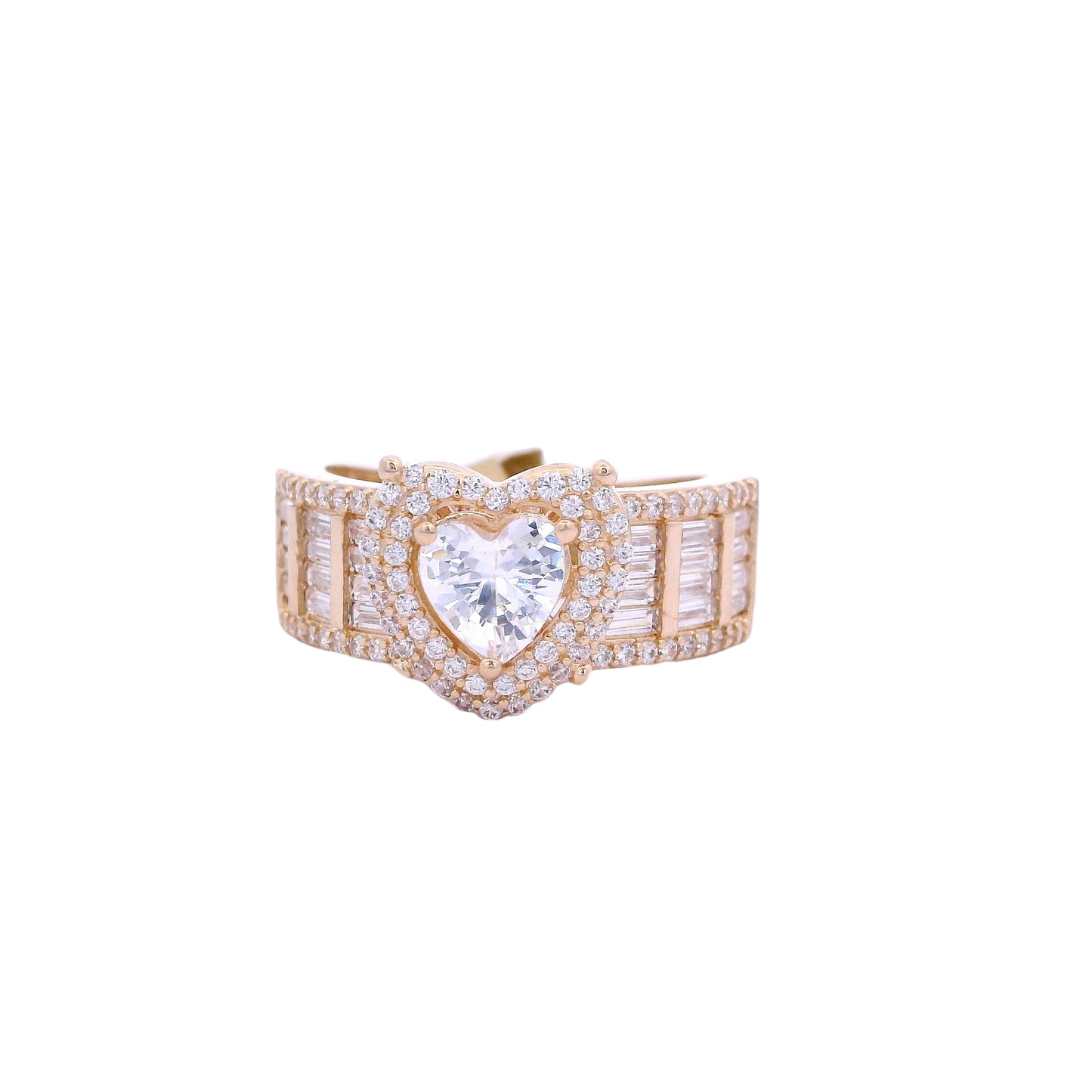 Front view of yellow gold ring. The ring has a white zirconia heart in the center with a halo made up of small round white zirconia. The band of the ring is outlined on the top and bottom with round white zirconia and has 4 rows in the center of baguette white zirconia.