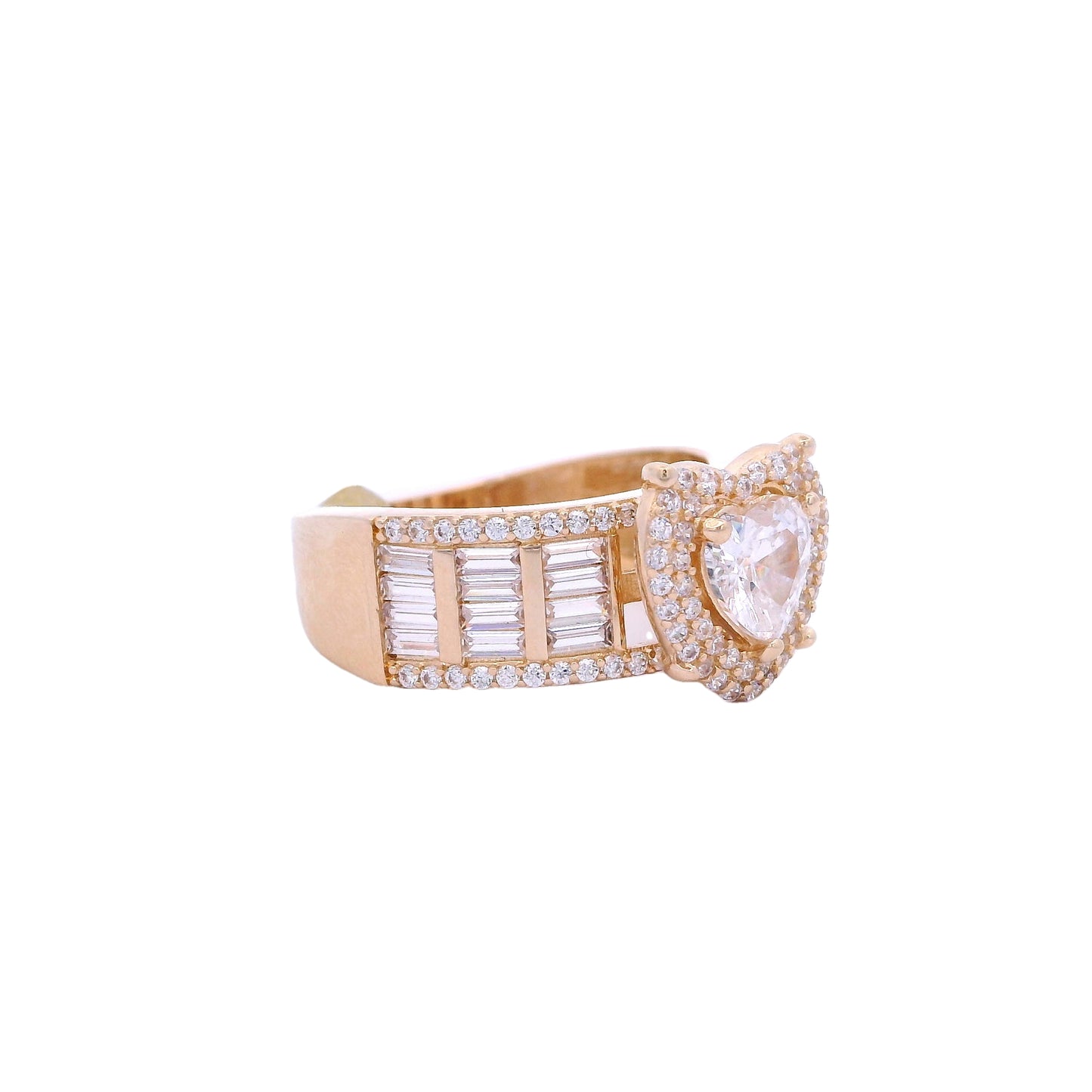 Side view of yellow gold ring. The ring has a white zirconia heart in the center with a halo made up of small round white zirconia. The band of the ring is outlined on the top and bottom with round white zirconia and has 4 rows in the center of baguette white zirconia.