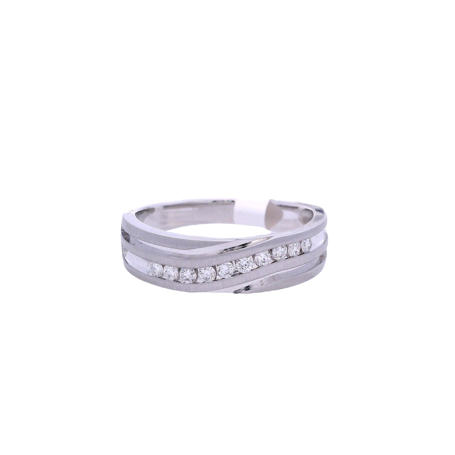 Front view of white gold wedding band. The band has 10 round white diamonds going across the center in a swirl pattern. Following the same pattern, there are matte accents in an engraved style.