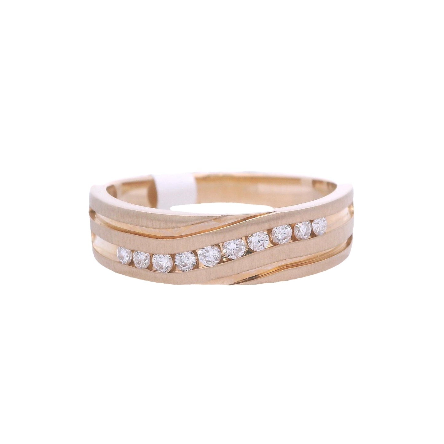 Front view of gold wedding band. The band has 10 round white diamonds going across the center in a swirl pattern. Following the same pattern, there are matte accents in an engraved style.