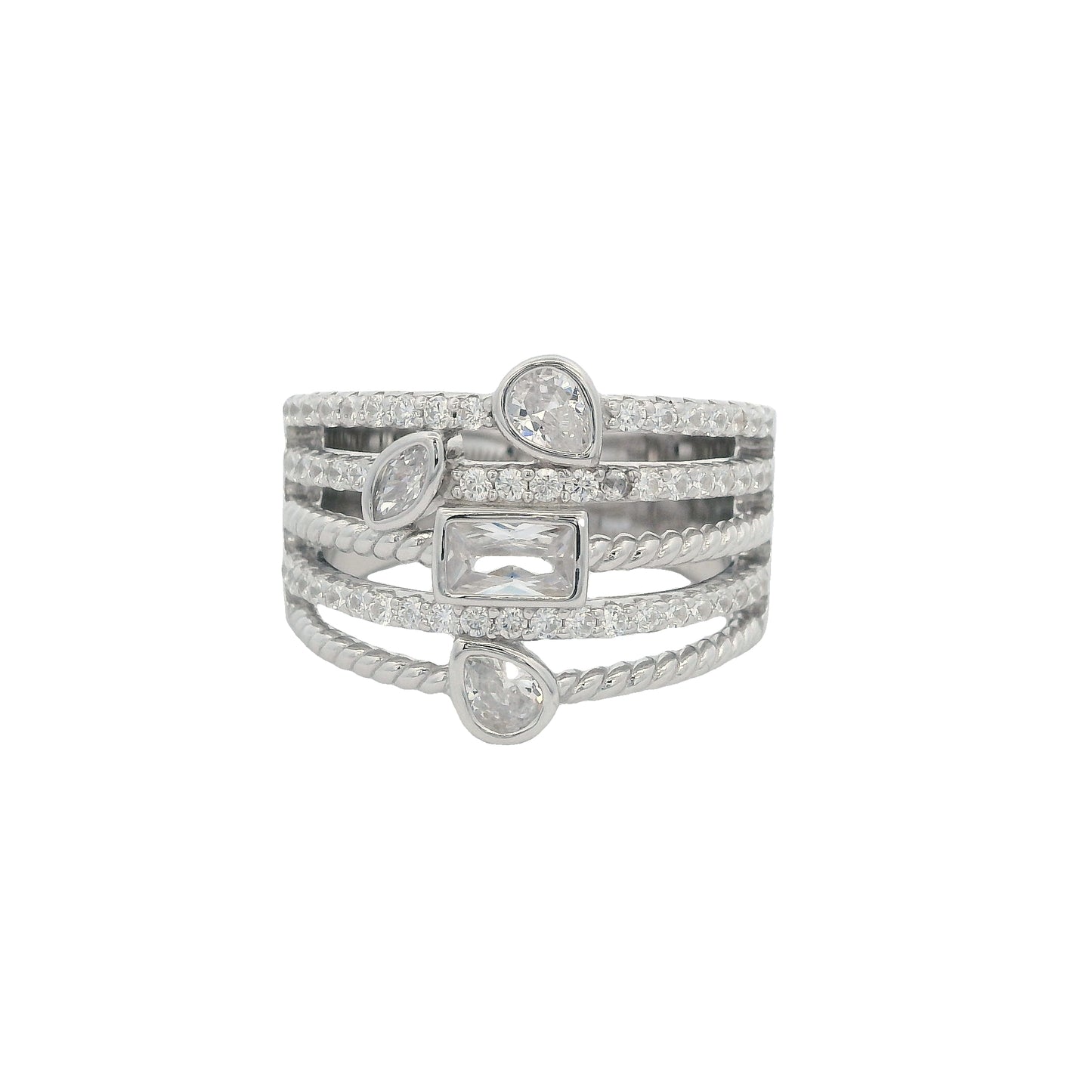 Front view silver ring with 5 bands that all connect. The ring has 3 bands that with round white zirconia in a pavé setting. The other 2 bands have rope texture. 4 of the bands have different zirconia stones towards the center: 1 rectangle, 2 teardrop, and 1 pear-shaped.
