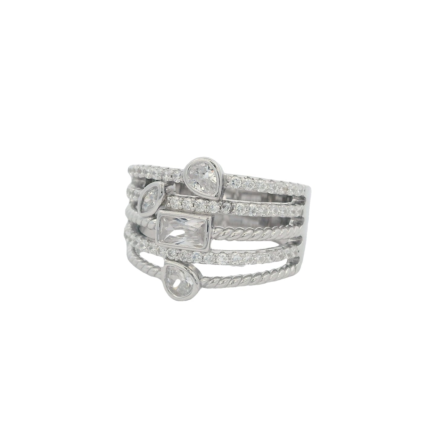 Angle view silver ring with 5 bands that all connect. The ring has 3 bands that with round white zirconia in a pavé setting. The other 2 bands have rope texture. 4 of the bands have different zirconia stones towards the center: 1 rectangle, 2 teardrop, and 1 pear-shaped.