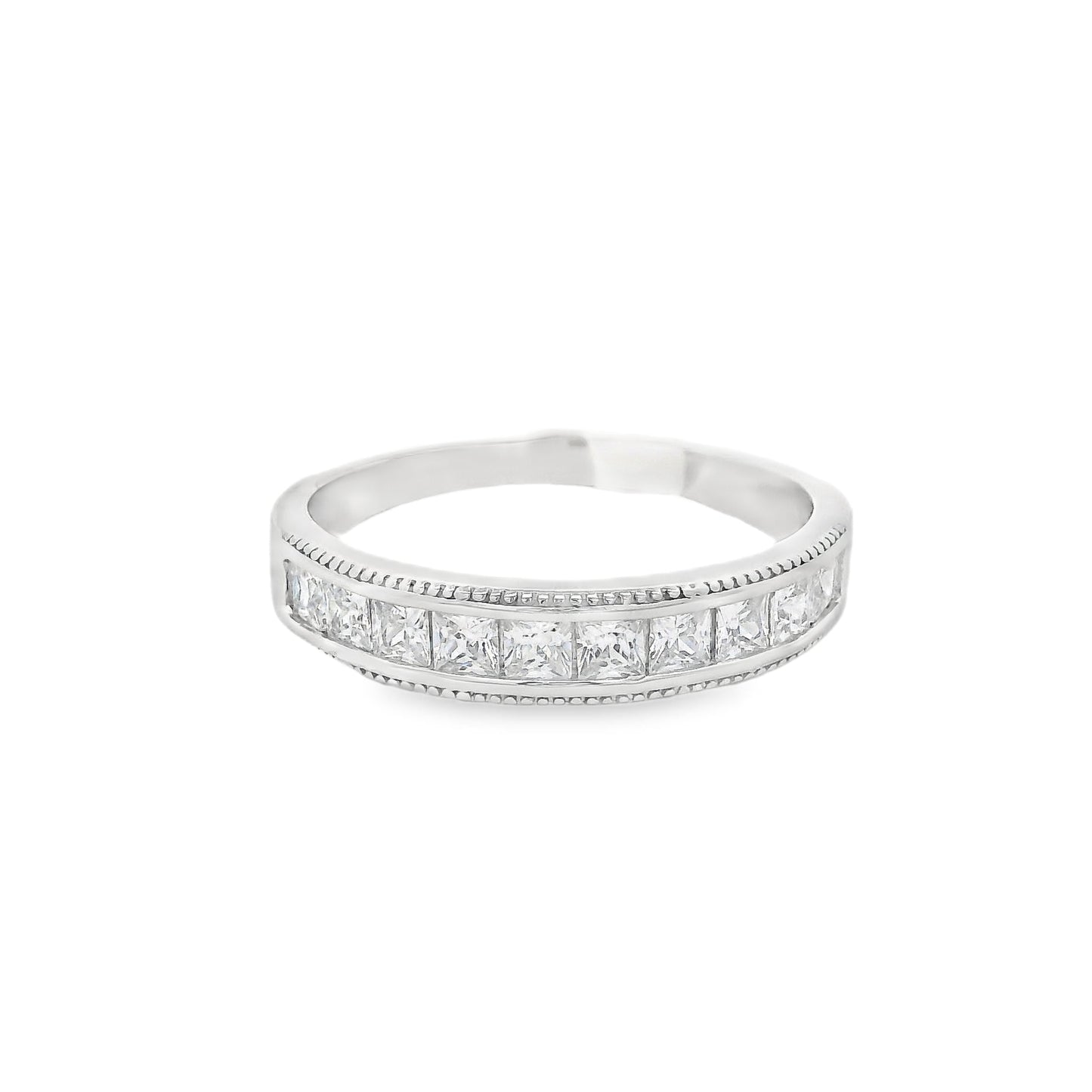 Front view of the thicker wedding band. The wedding band is on the bottom; it has small square zirconia
