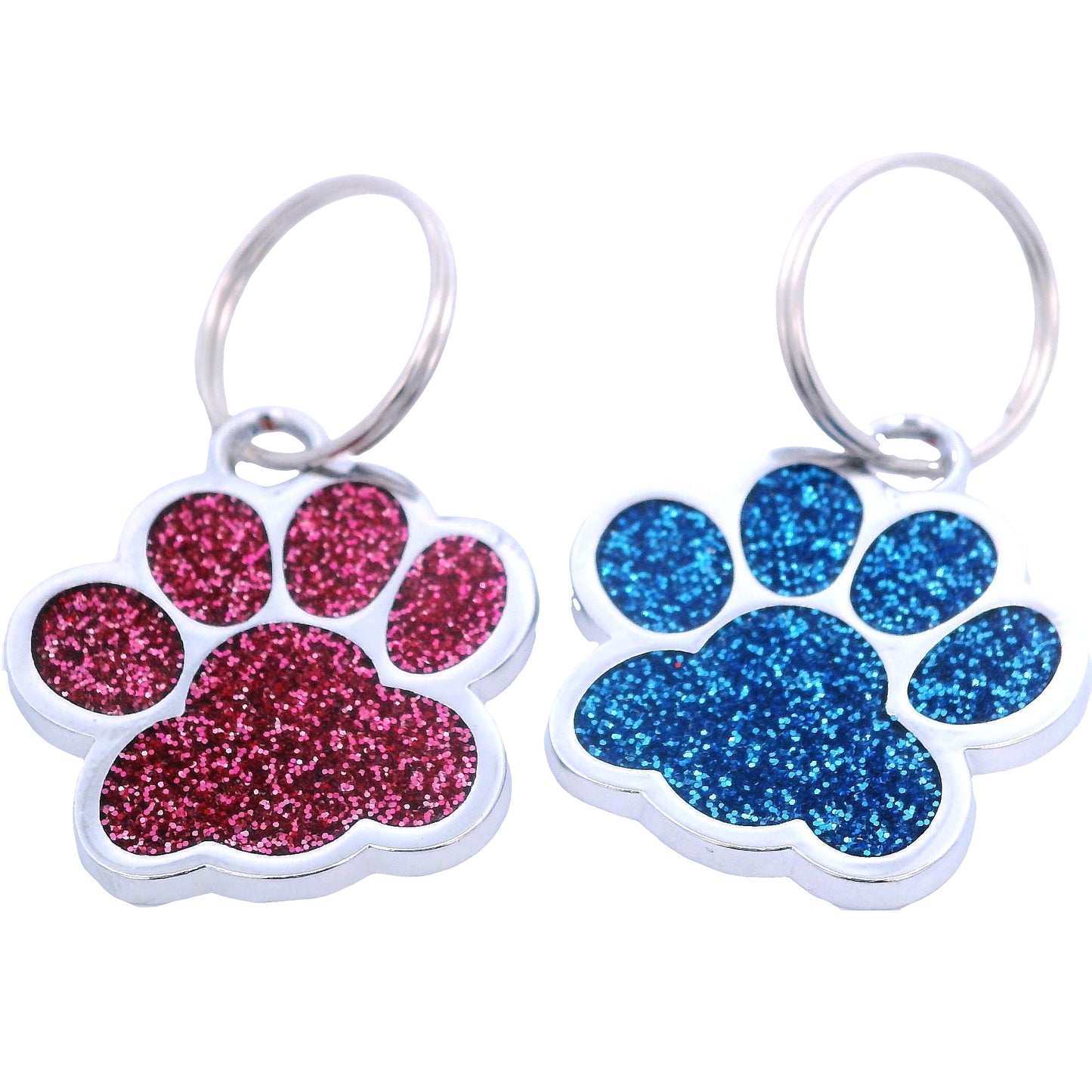 Two glittery paw-shaped keychains, one pink and one blue, on a white background.