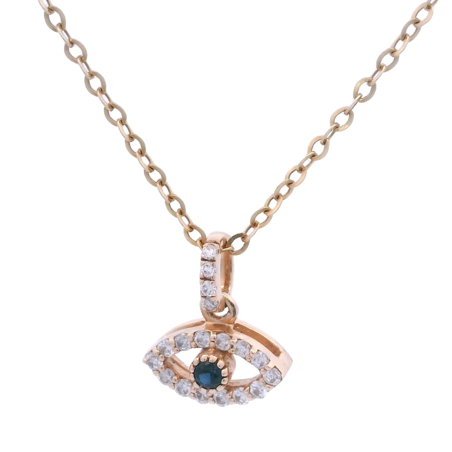 Angled view of a yellow gold eye pendant outlined with white diamonds and has a blue sapphire in the center. The white gold pendant is held by a thin yellow gold chain.