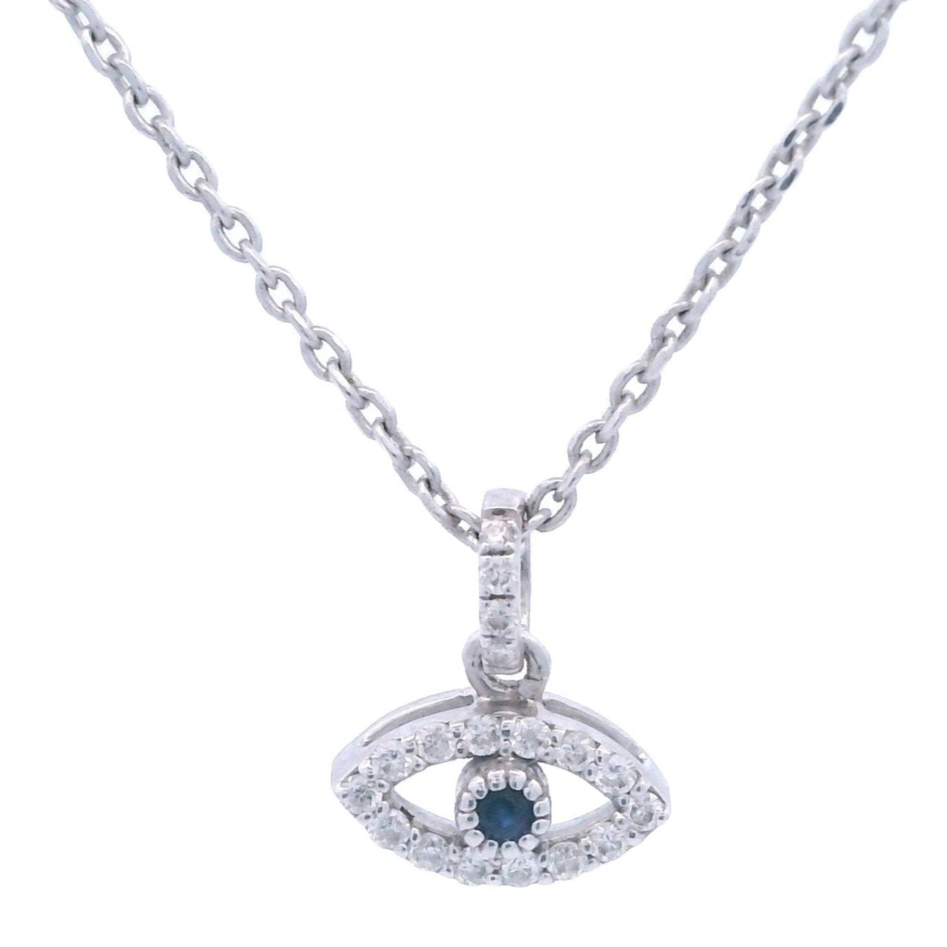 Front view of a white gold eye pendant outlined with white diamonds and has a blue sapphire in the center. The white gold pendant is held by a thin white gold chain.