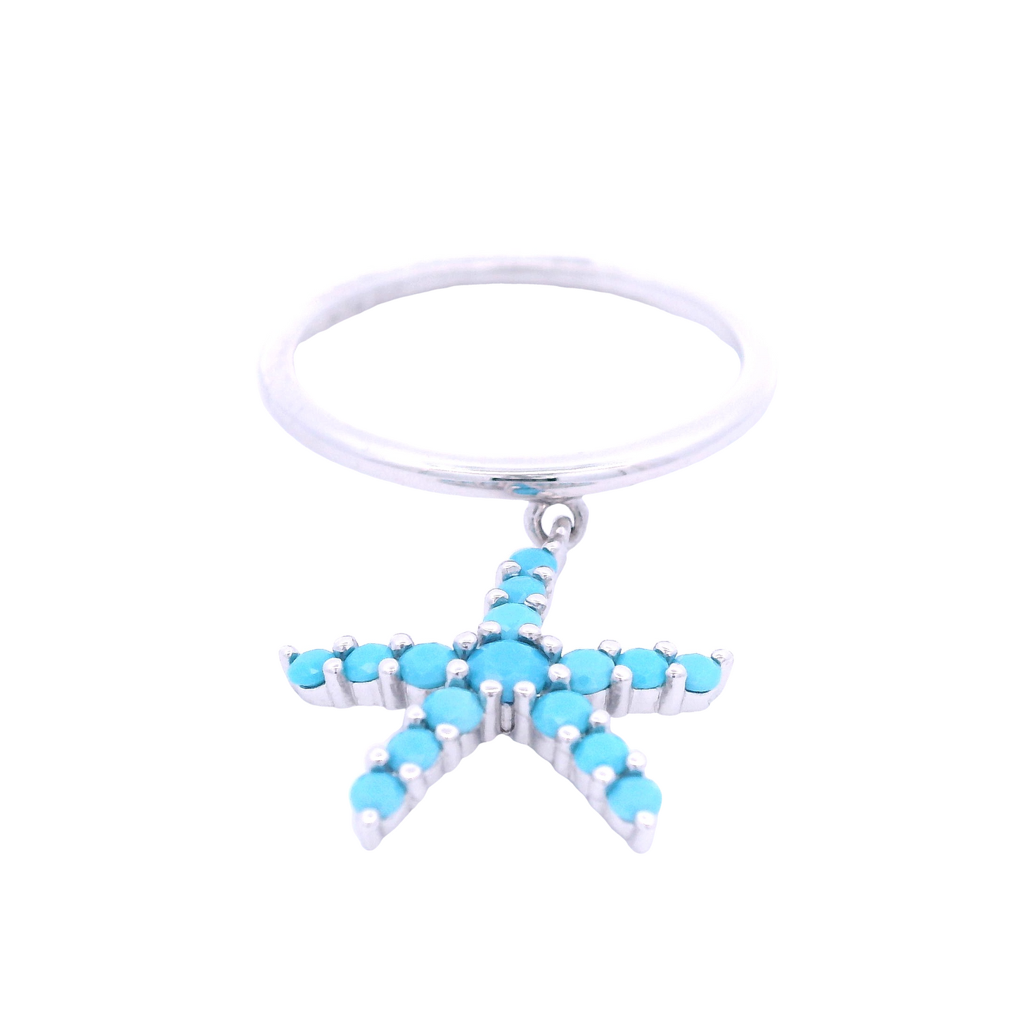 top view of Sterling Silver band with dangling starfish that has baby blue zirconia in pavé setting