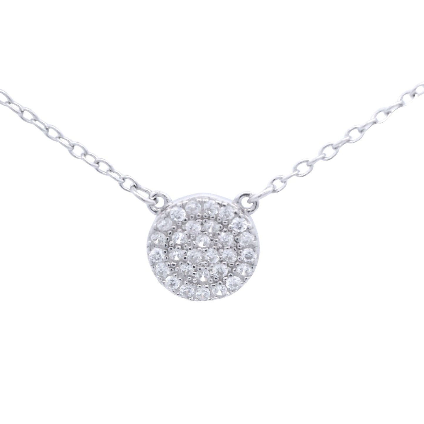 Silver necklace with round pendant with zirconia.