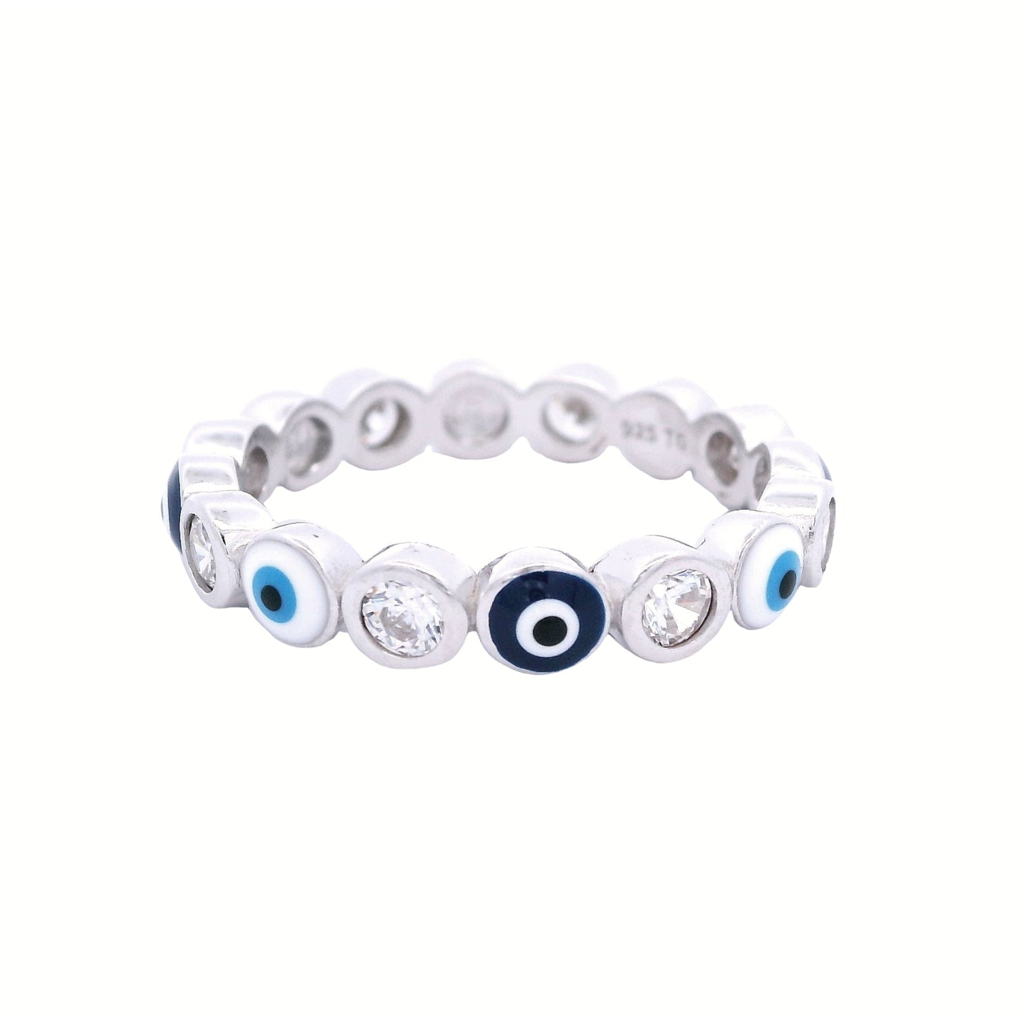 Sterling silver band with white and dark blue evil eyes. Between each evil eye there is a round white zirconia.