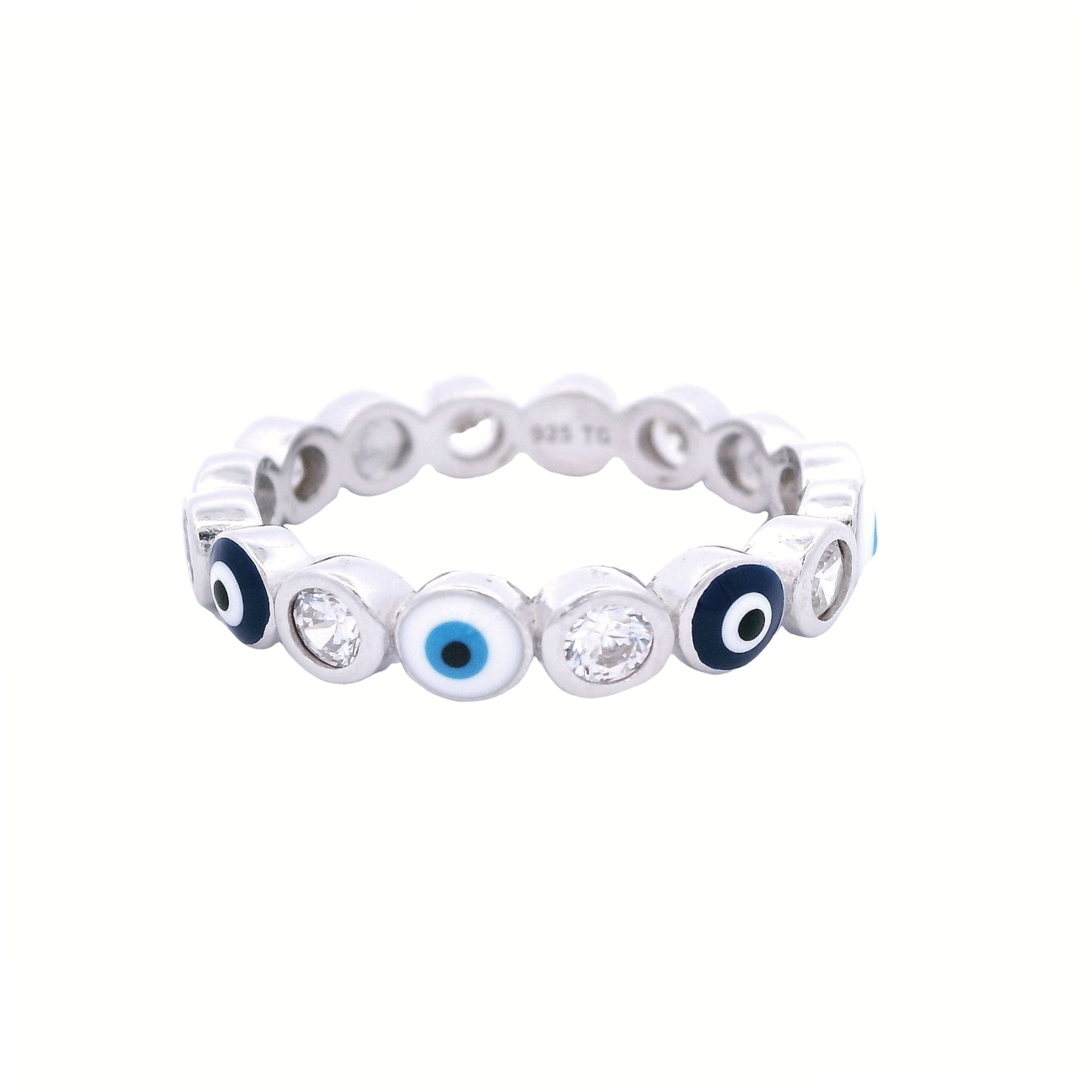 Sterling silver band with white and dark blue evil eyes. Between each evil eye there is a round white zirconia.