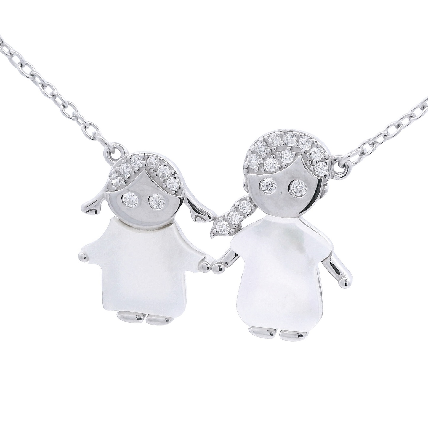 Sterling silver necklace of two girls holding hands.