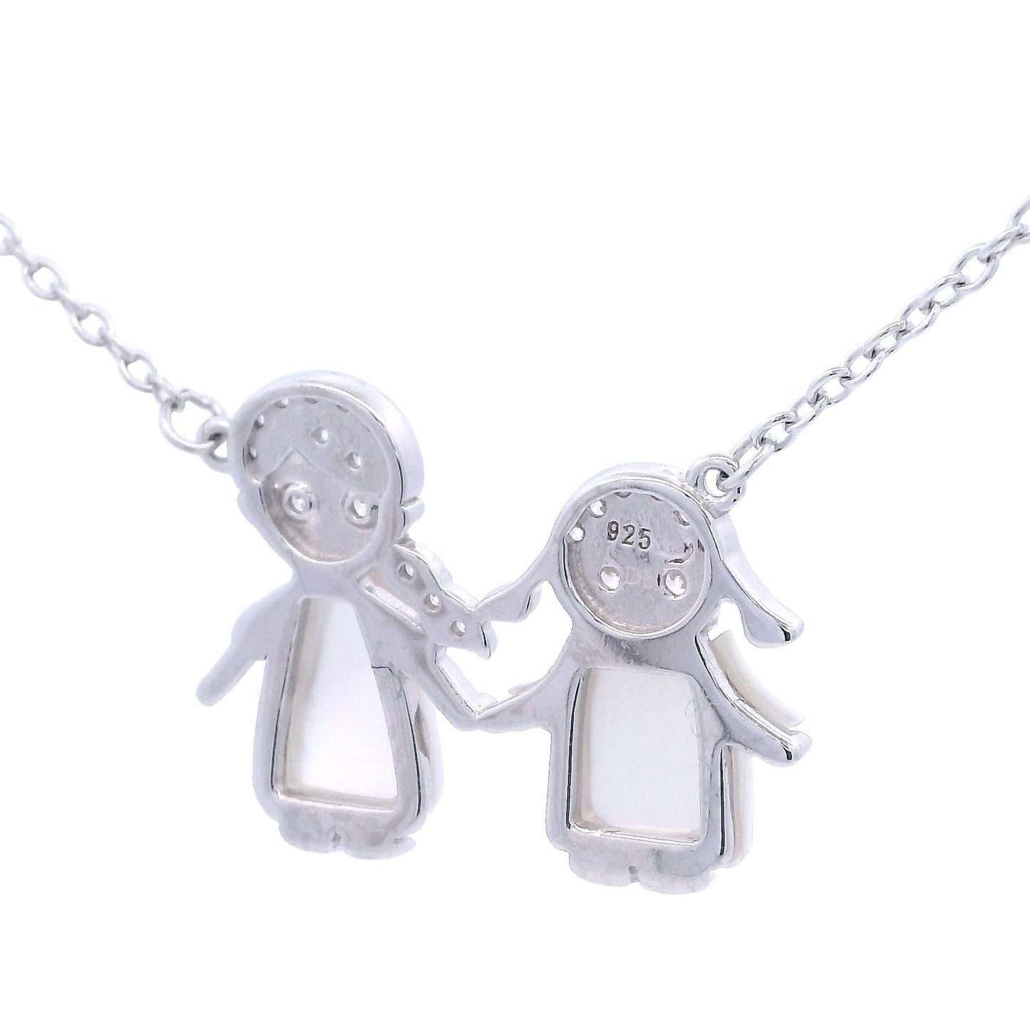 Sterling silver necklace of two girls holding hands. Back view.