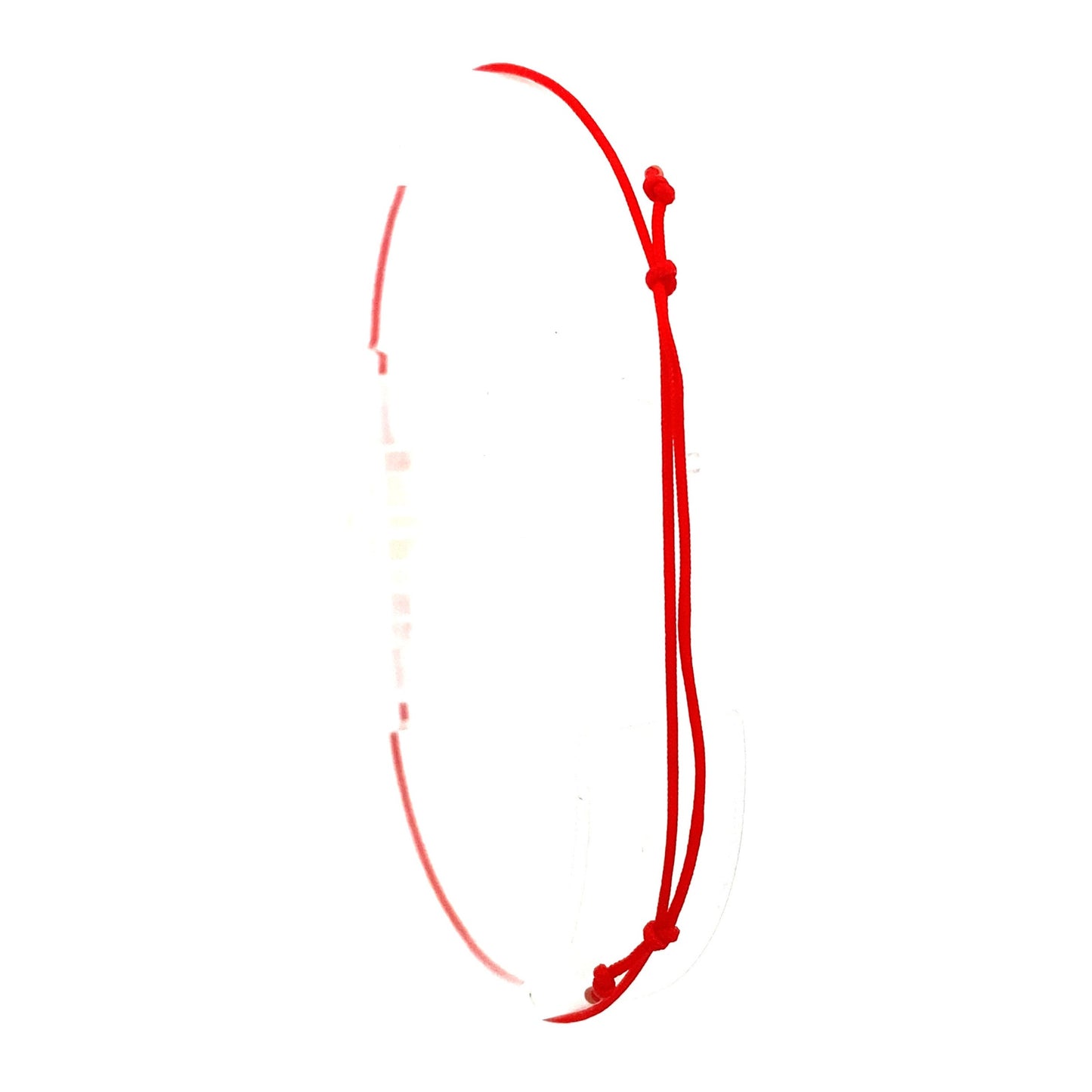 Handmade adjustable red string bracelet with a Mother of Pearl clover in the center and 2 gold beads on each side. Back view.