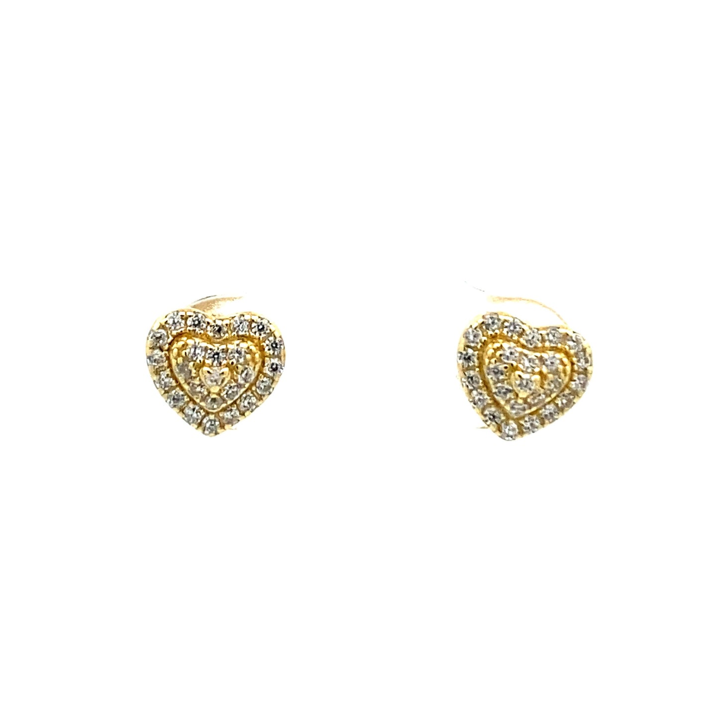 Gold colored Zirconia Heart Studs with 3 layers. Front view.