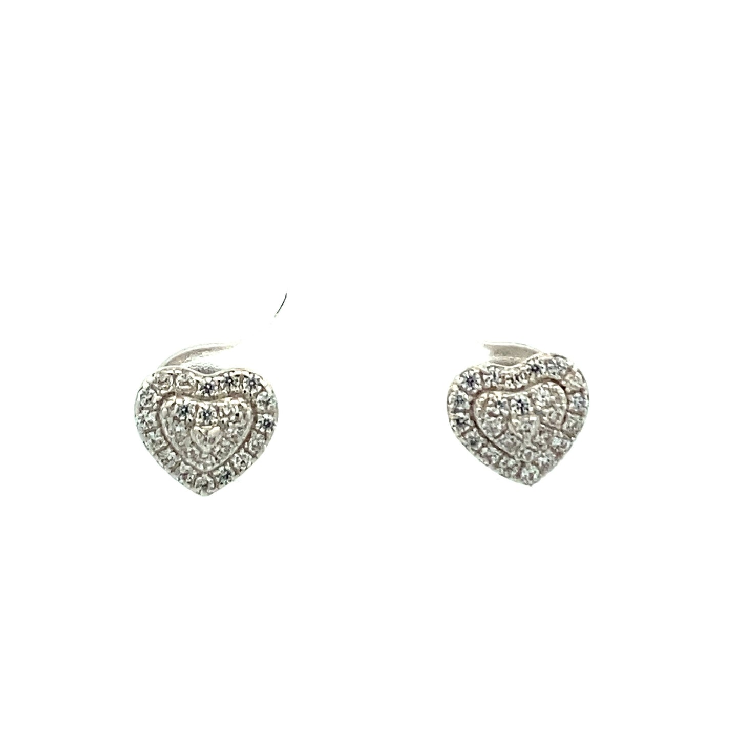 Silver Zirconia Heart Studs with 3 layers. Front view.