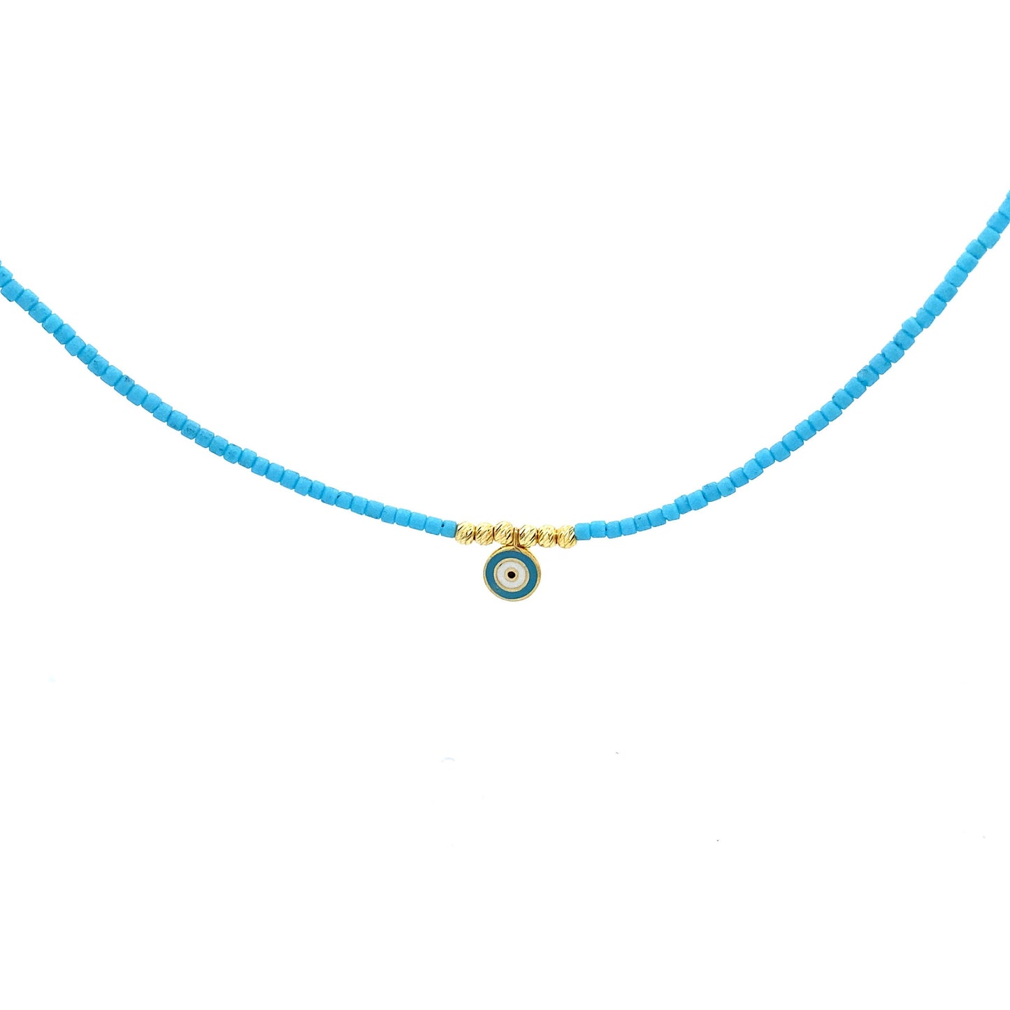 Baby Blue, White, and Silver Gold-Plated Evil Eye Round Pendant Necklace with Baby Blue Beads