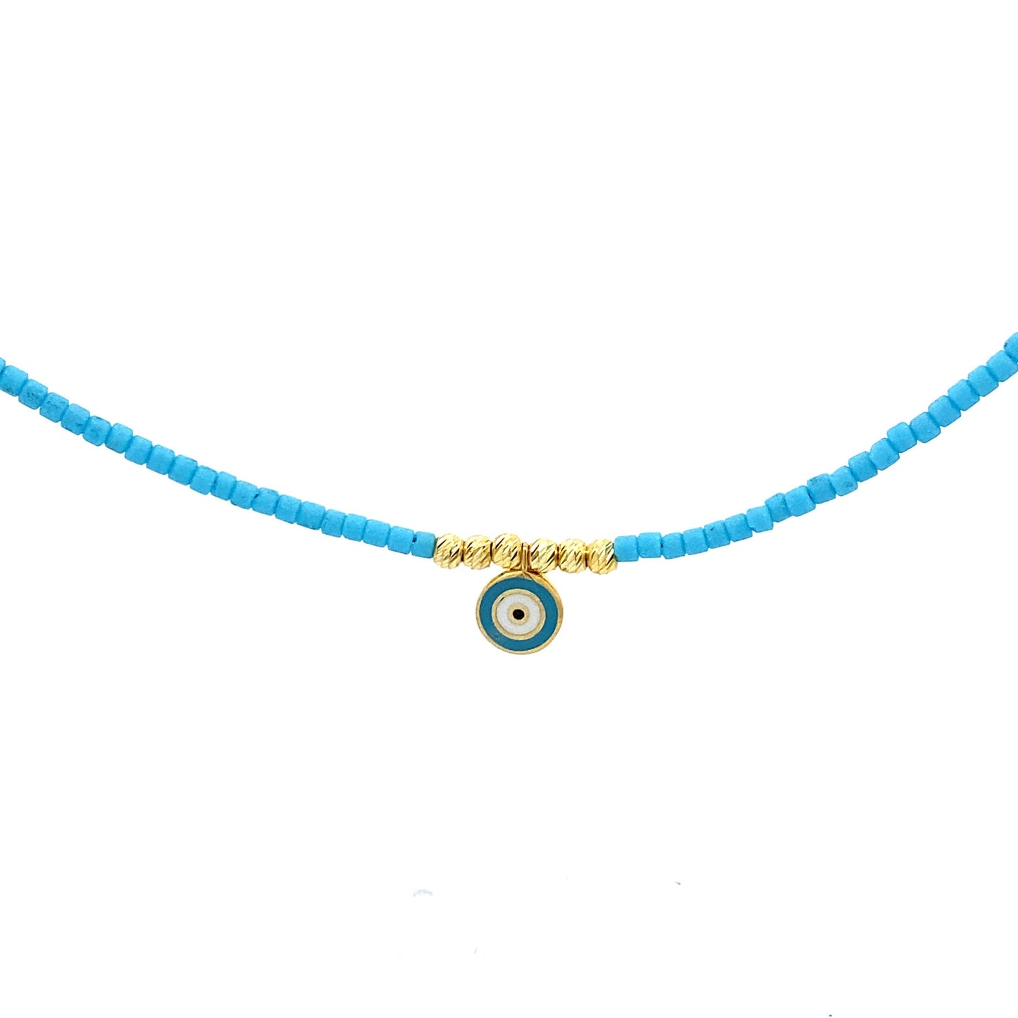 Baby Blue, White, and Silver Gold-Plated Evil Eye Round Pendant Necklace with Baby Blue Beads Close up