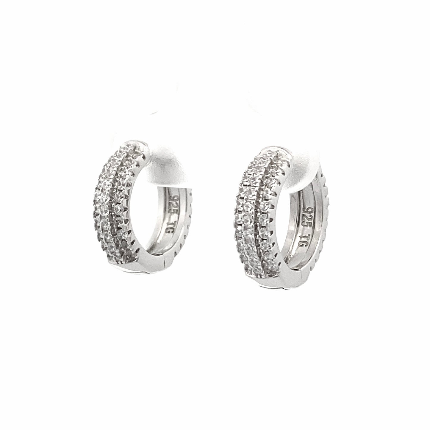 Silver Huggie Hoop Earring with Triple Zirconia (45 degree angle image)