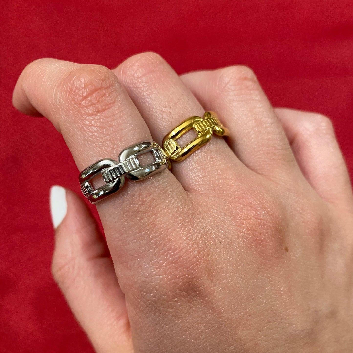 Silver and Gold Stainless Steel Chain Open Ring with model hand