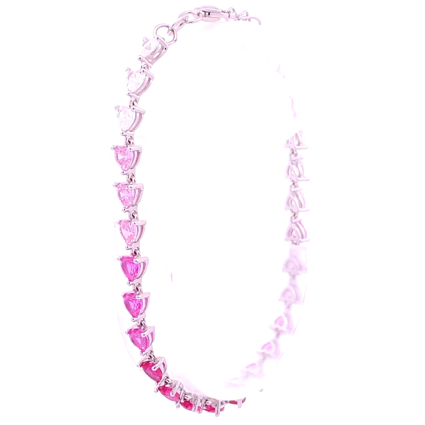 Sterling Silver Pink Ombre Heart Bracelet with Lobster Clasp (angled view)