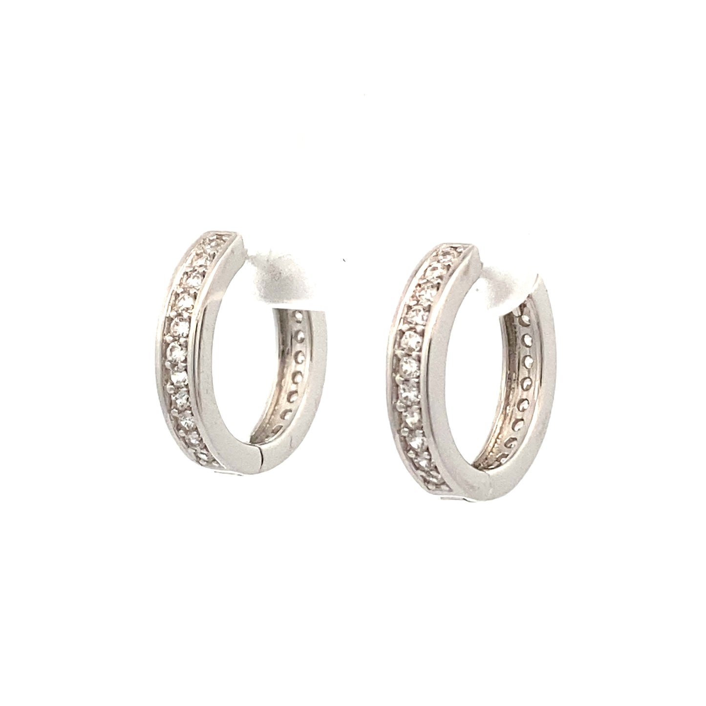 Medium Silver Huggie Hoop Earrings with Single Zirconia (45 degree angle image)
