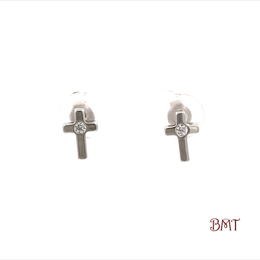 Plain Cross Push Back Studs w/ Zirconia in the Center