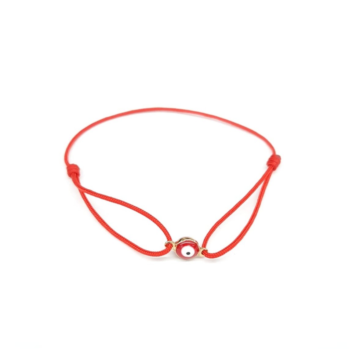 Red string bracelet with a red evil eye in the center and two knots on each side to adjust the size