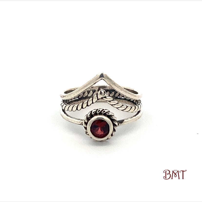 Sterling Silver Round Cut Garnet V-Shaped Ring with a Boho design