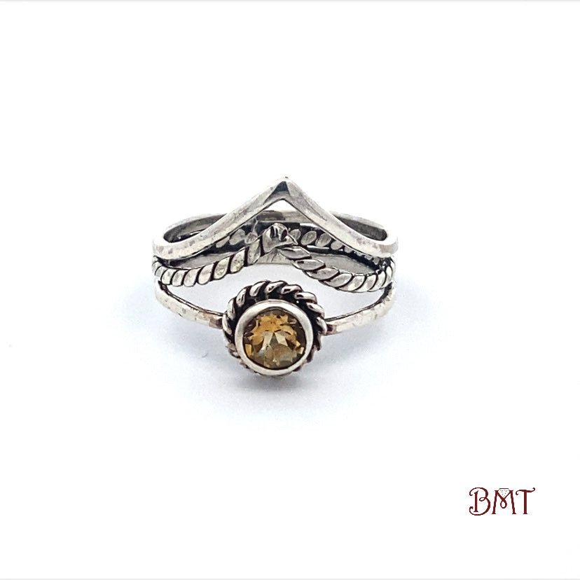 Sterling Silver Round Cut Citrine V-Shaped Ring with a Boho design
