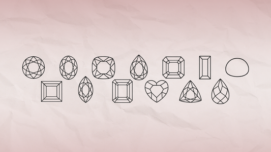 Red gradient background with paper-like texture. There are 14 gemstone outlines in black: round, emerald, radiant, baguette, Asscher, cabochon, trillion, heart, pear, oval, cushion, briolette, princess, and marquise 
