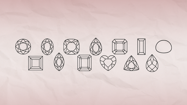 Red gradient background with paper-like texture. There are 14 gemstone outlines in black: round, emerald, radiant, baguette, Asscher, cabochon, trillion, heart, pear, oval, cushion, briolette, princess, and marquise 
