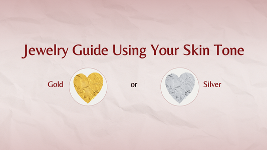 Gradient red wallpaper with paper texture. It says: Jewelry Guide Using Your Skin Tone Gold or Silver in red text. There are two foil hearts one in gold and one in silver.