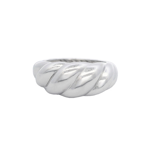 Front view of silver ring that has graduated swirls with the largest in the center like a croissant.