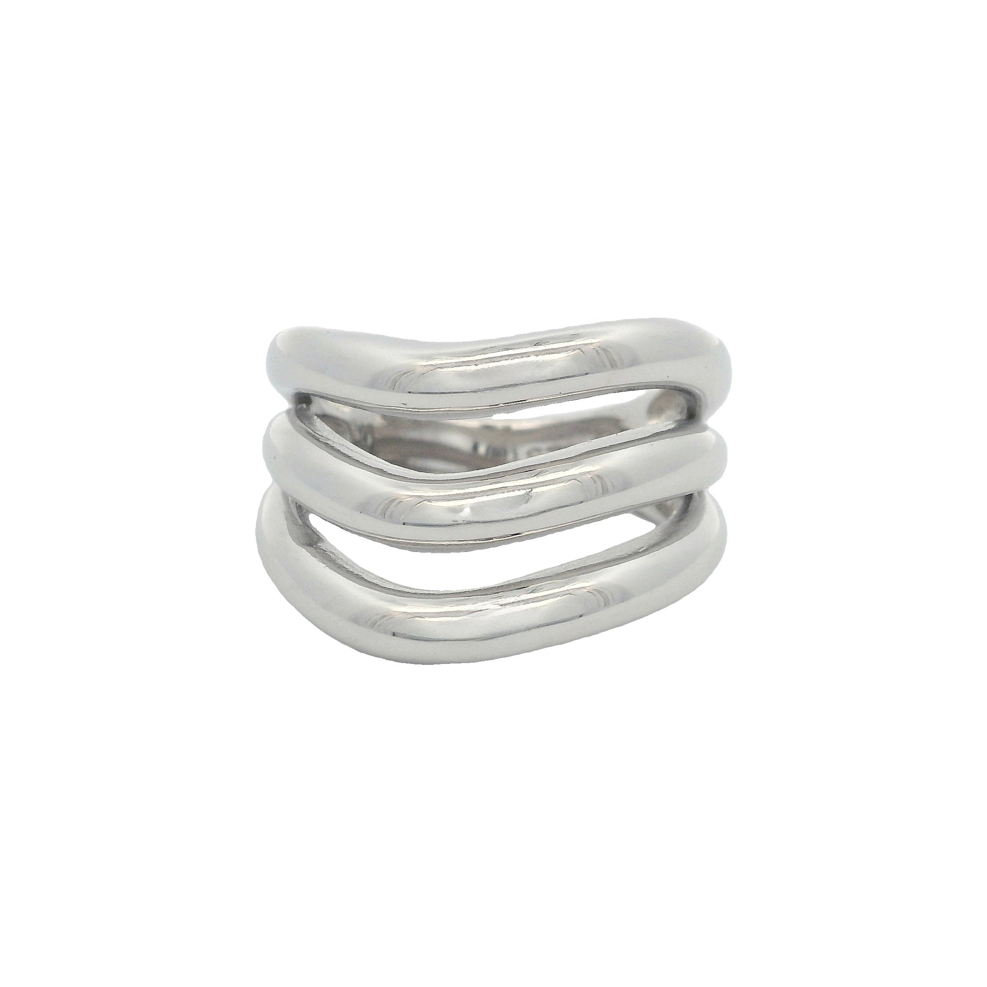 Front view of silver ring that has 3 chunky bands that are wavy and dipping in the center.
