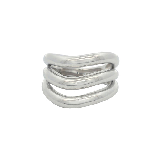 Front view of silver ring that has 3 chunky bands that are wavy and dipping in the center.